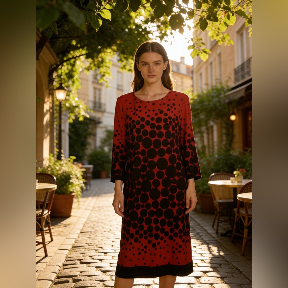 Sandra Darren Red Black dotted Dress Size 12P long sleeve lined petite spandex